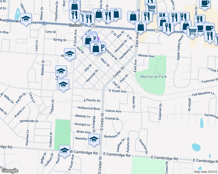 map of restaurants, bars, coffee shops, grocery stores, and more near 809 3rd Street in Belton