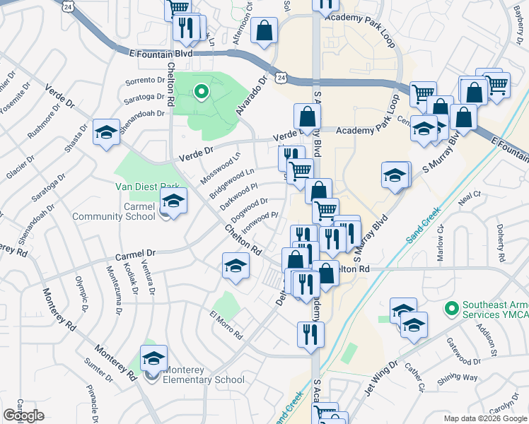 map of restaurants, bars, coffee shops, grocery stores, and more near 3675 Dogwood Drive in Colorado Springs