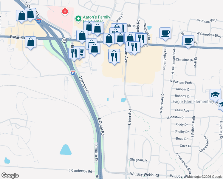 map of restaurants, bars, coffee shops, grocery stores, and more near 123 Barberry Lane in Raymore