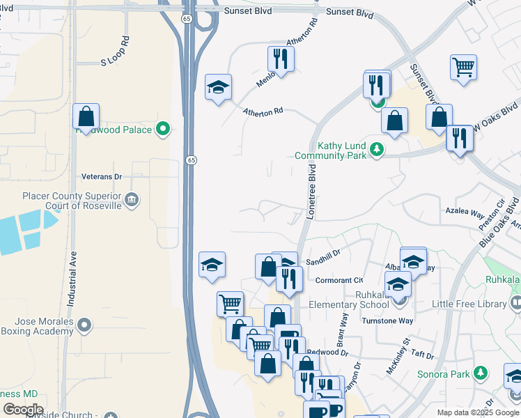 map of restaurants, bars, coffee shops, grocery stores, and more near 6203 Lonetree Boulevard in Rocklin