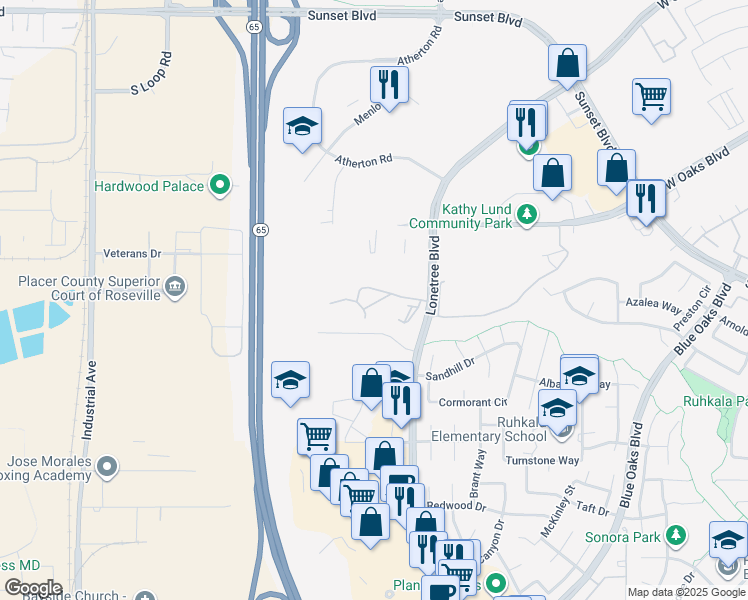 map of restaurants, bars, coffee shops, grocery stores, and more near 6275 Lonetree Boulevard in Rocklin