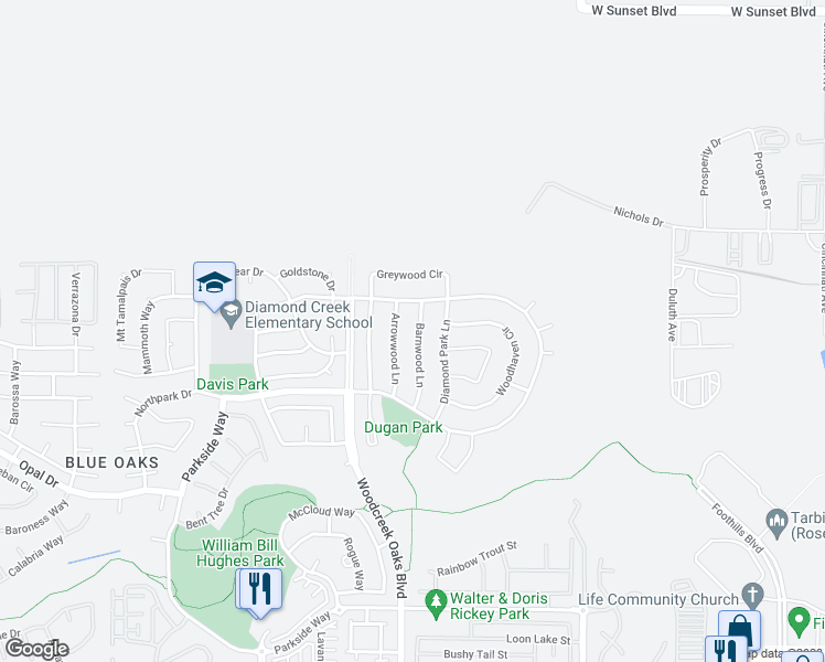 map of restaurants, bars, coffee shops, grocery stores, and more near 1505 Barnwood Lane in Roseville