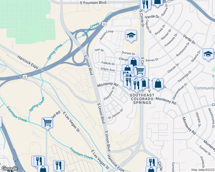map of restaurants, bars, coffee shops, grocery stores, and more near 1521 Monterey Road in Colorado Springs