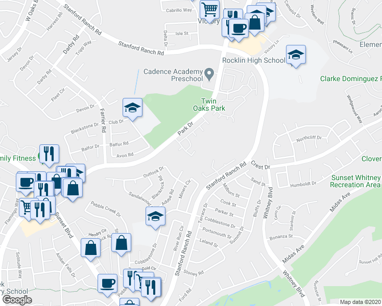 map of restaurants, bars, coffee shops, grocery stores, and more near 1301 Saint Charles Way in Rocklin
