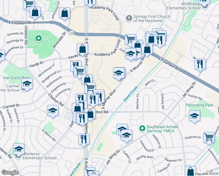 map of restaurants, bars, coffee shops, grocery stores, and more near Pulsar Dr in Colorado Springs