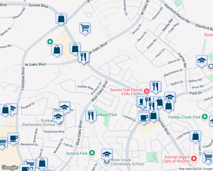map of restaurants, bars, coffee shops, grocery stores, and more near 2608 Sammy Way in Rocklin