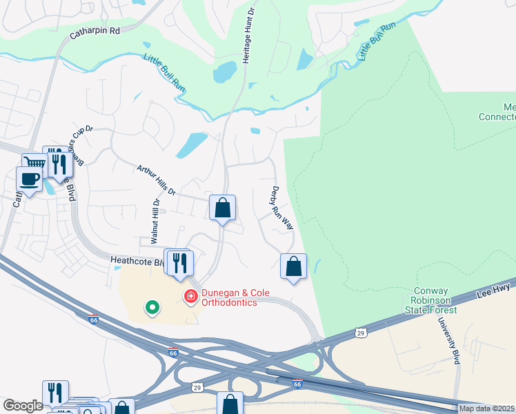map of restaurants, bars, coffee shops, grocery stores, and more near 6845 Saddle Run Way in Gainesville