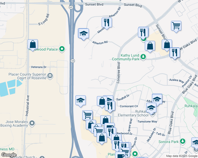 map of restaurants, bars, coffee shops, grocery stores, and more near 6201 Lonetree Boulevard in Rocklin