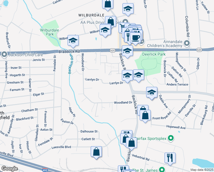 map of restaurants, bars, coffee shops, grocery stores, and more near 7025 Larrlyn Drive in Springfield