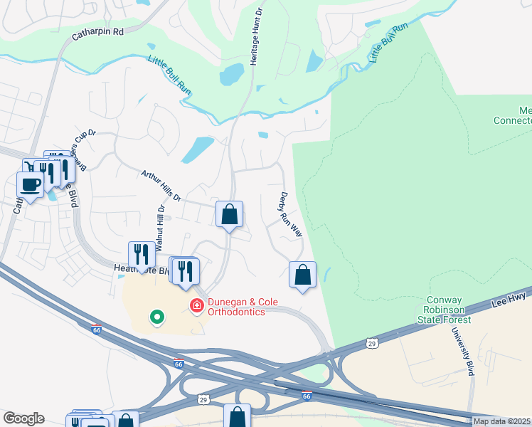 map of restaurants, bars, coffee shops, grocery stores, and more near 6845 Saddle Run Way in Gainesville