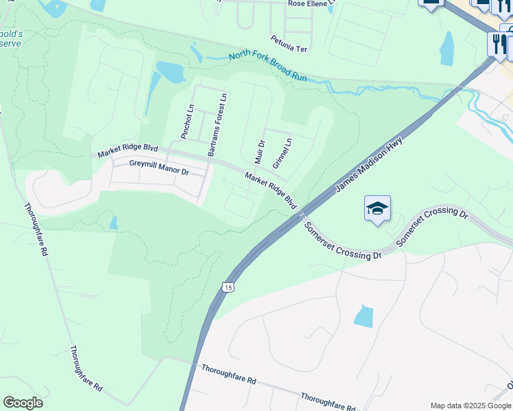 map of restaurants, bars, coffee shops, grocery stores, and more near 6813 Bryson Circle in Haymarket