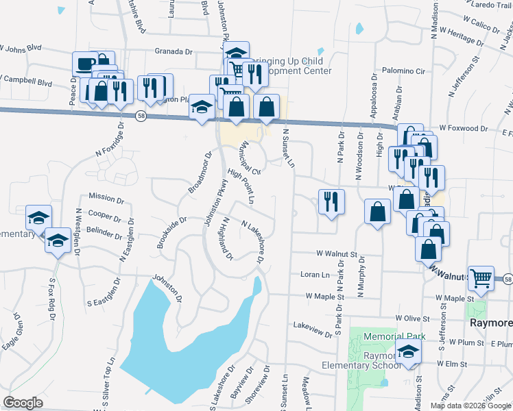 map of restaurants, bars, coffee shops, grocery stores, and more near 126 North Oxford Drive in Raymore