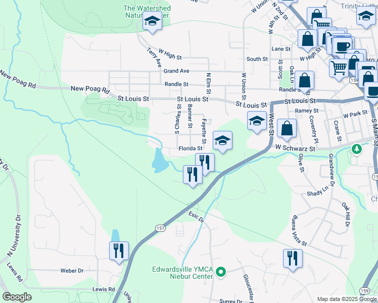 map of restaurants, bars, coffee shops, grocery stores, and more near 1030 Florida Street in Edwardsville