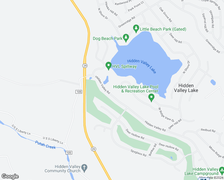 map of restaurants, bars, coffee shops, grocery stores, and more near 18202 Hidden Valley Road in Hidden Valley Lake