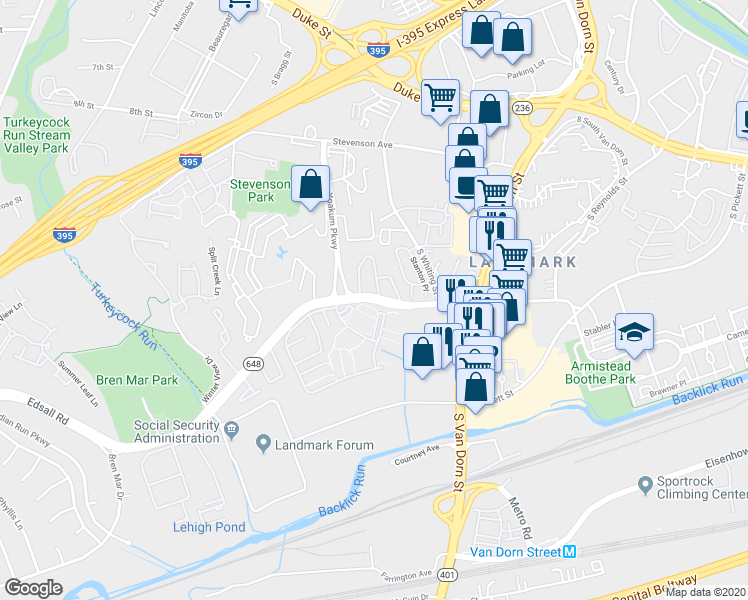 map of restaurants, bars, coffee shops, grocery stores, and more near 6044 Edsall Road in Alexandria