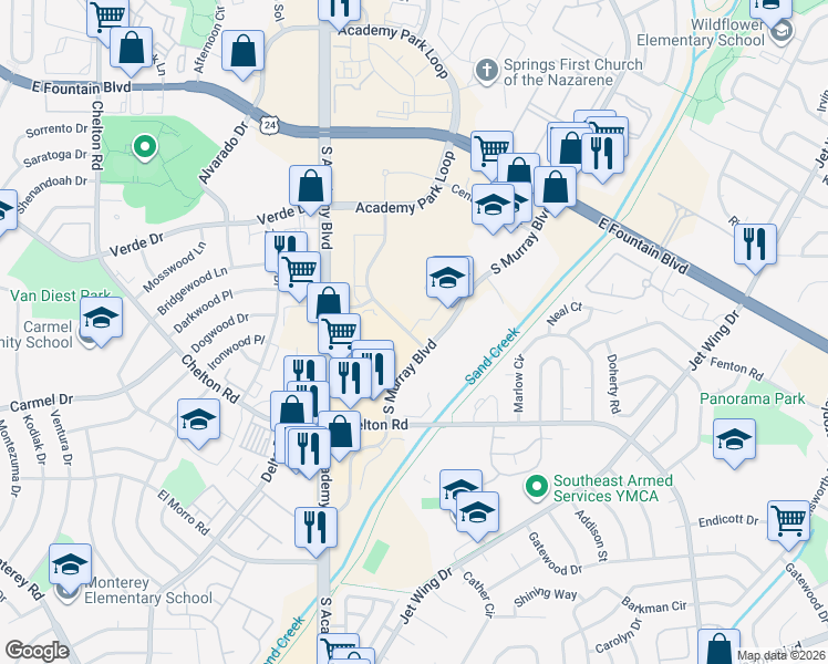 map of restaurants, bars, coffee shops, grocery stores, and more near Pulsar Dr in Colorado Springs