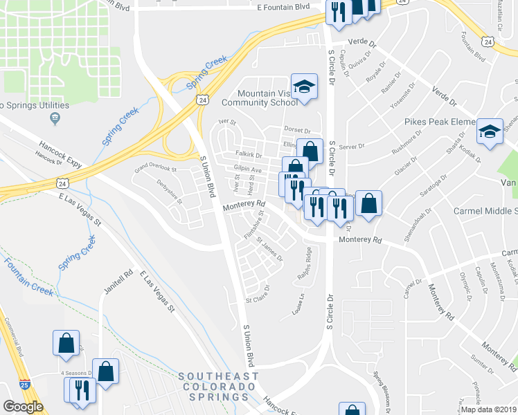 map of restaurants, bars, coffee shops, grocery stores, and more near 1578 Monterey Road in Colorado Springs
