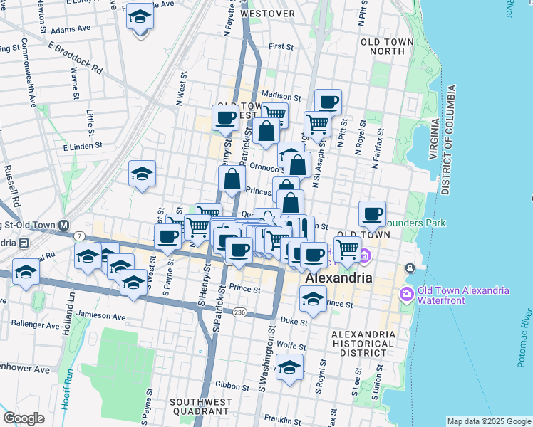 map of restaurants, bars, coffee shops, grocery stores, and more near 304 South Columbus Street in Alexandria