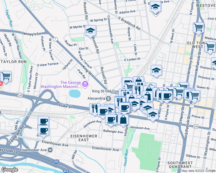 map of restaurants, bars, coffee shops, grocery stores, and more near 9 Russell Road in Alexandria