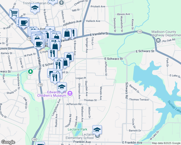 map of restaurants, bars, coffee shops, grocery stores, and more near 615 Dewey Avenue in Edwardsville