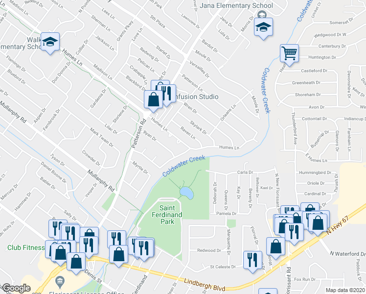 map of restaurants, bars, coffee shops, grocery stores, and more near 410 Humes Lane in Florissant