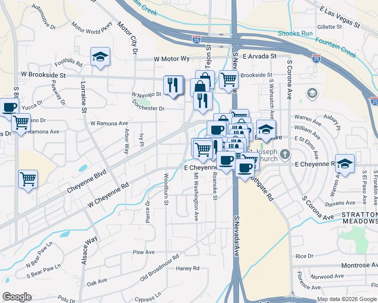 map of restaurants, bars, coffee shops, grocery stores, and more near 1801 South Cascade Avenue in Colorado Springs