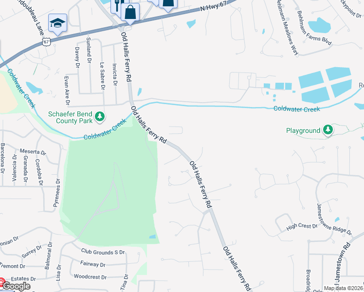 map of restaurants, bars, coffee shops, grocery stores, and more near 13666 Old Halls Ferry Road in Florissant