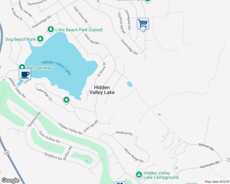 map of restaurants, bars, coffee shops, grocery stores, and more near 17384 Meadow View Drive in Hidden Valley Lake