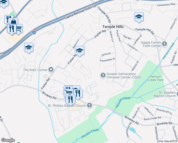 map of restaurants, bars, coffee shops, grocery stores, and more near 5946 Saint Moritz Drive in Temple Hills