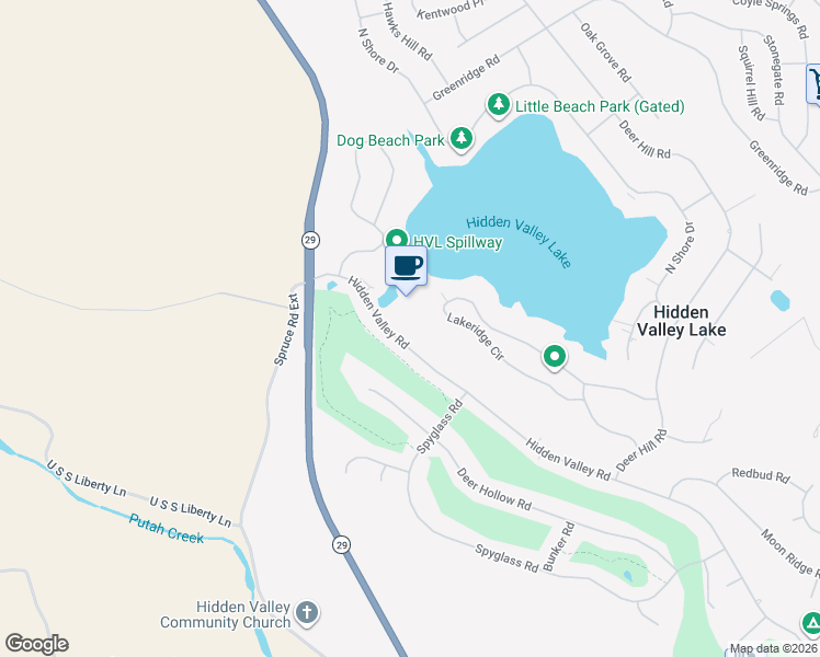 map of restaurants, bars, coffee shops, grocery stores, and more near 18202 Hidden Valley Road in Hidden Valley Lake