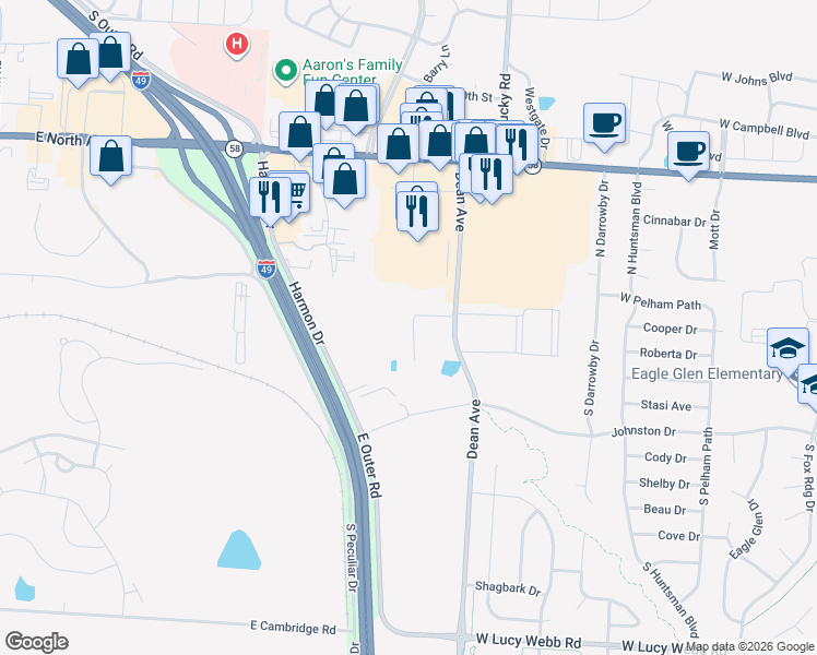 map of restaurants, bars, coffee shops, grocery stores, and more near 123 Barberry Lane in Raymore