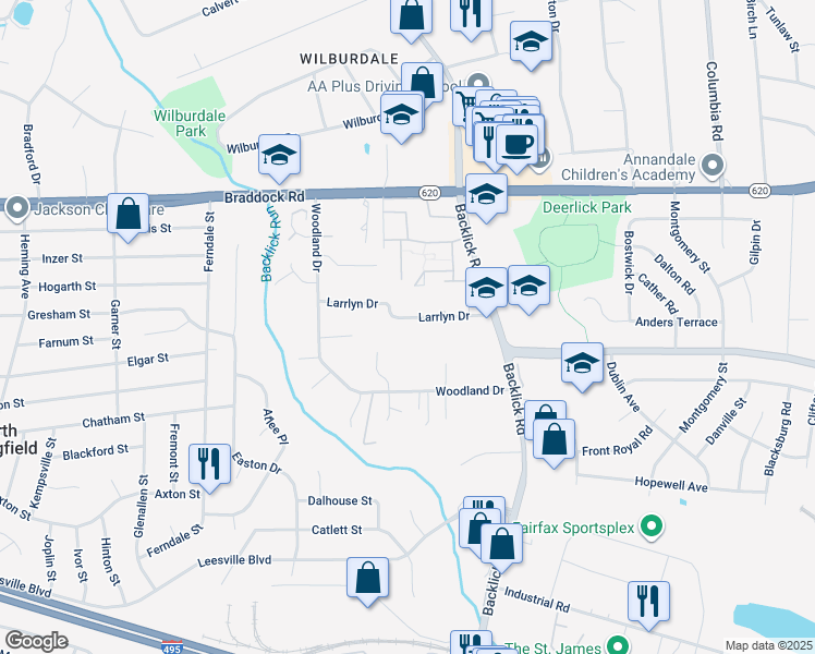 map of restaurants, bars, coffee shops, grocery stores, and more near 7025 Larrlyn Drive in Springfield