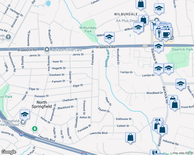 map of restaurants, bars, coffee shops, grocery stores, and more near 7230 Gresham Street in Springfield
