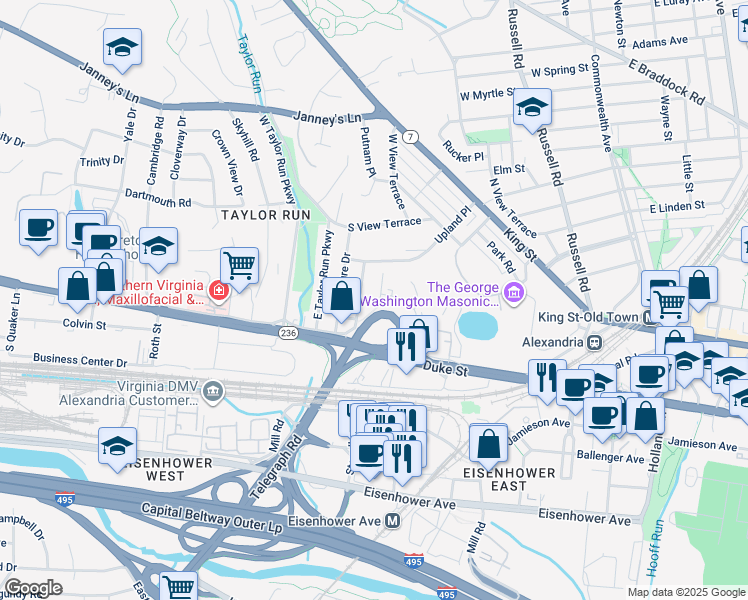 map of restaurants, bars, coffee shops, grocery stores, and more near 114 Roberts Lane in Alexandria