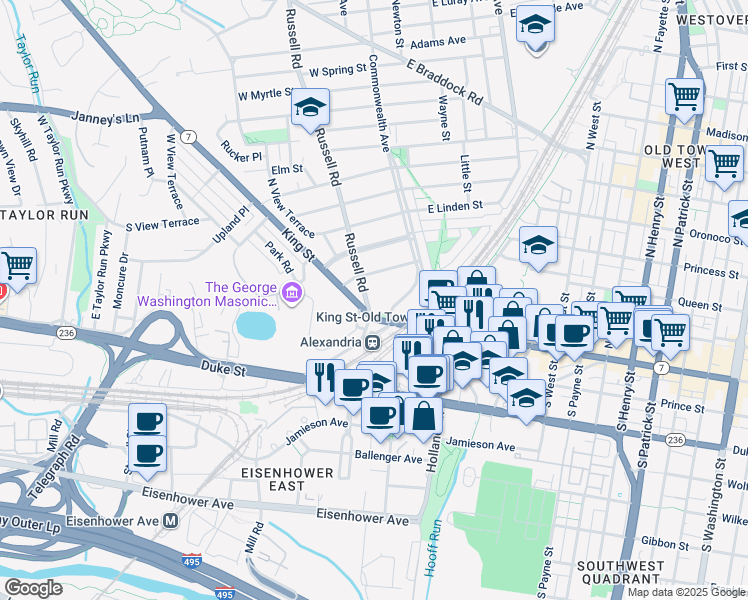 map of restaurants, bars, coffee shops, grocery stores, and more near 9 Russell Road in Alexandria