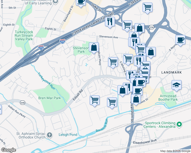 map of restaurants, bars, coffee shops, grocery stores, and more near 6147 Edsall Road in Alexandria
