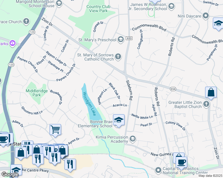map of restaurants, bars, coffee shops, grocery stores, and more near 5346 Black Oak Drive in Fairfax