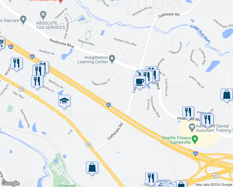 map of restaurants, bars, coffee shops, grocery stores, and more near 7007 Village Stream Place in Gainesville