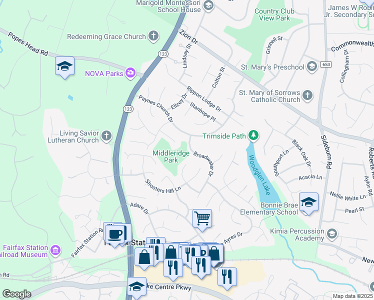 map of restaurants, bars, coffee shops, grocery stores, and more near 10839 Broadwater Drive in Fairfax
