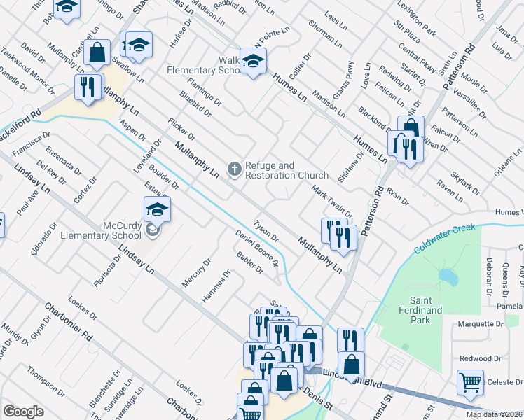 map of restaurants, bars, coffee shops, grocery stores, and more near Mullanphy Ln & Tyson Dr in Florissant