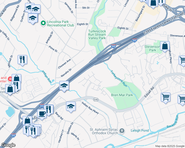 map of restaurants, bars, coffee shops, grocery stores, and more near 6347 Hawk View Court in Alexandria