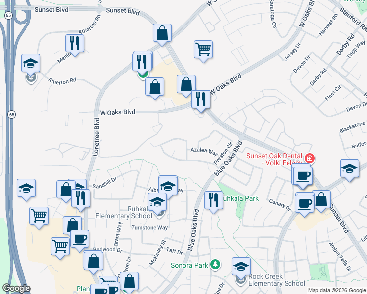 map of restaurants, bars, coffee shops, grocery stores, and more near 6209 Camellia Circle in Rocklin