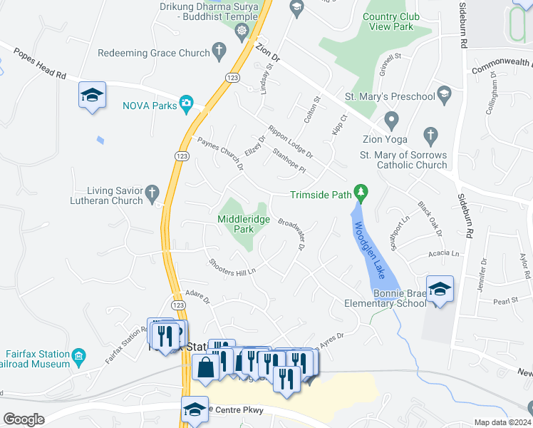 map of restaurants, bars, coffee shops, grocery stores, and more near 10839 Broadwater Drive in Fairfax