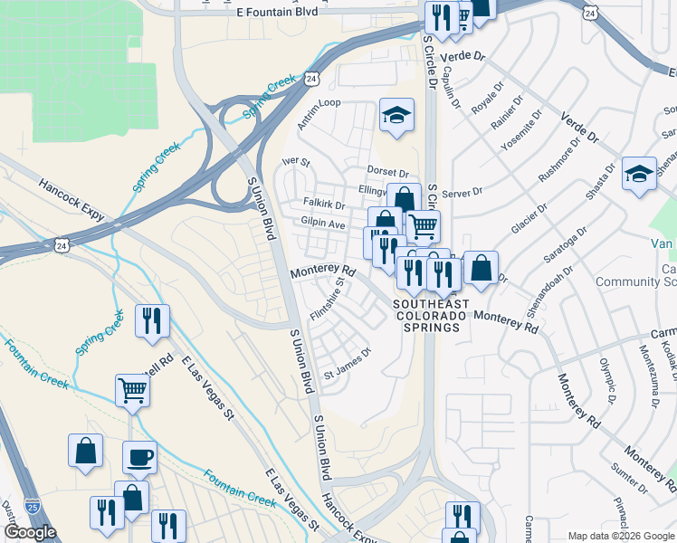 map of restaurants, bars, coffee shops, grocery stores, and more near 1578 Monterey Road in Colorado Springs