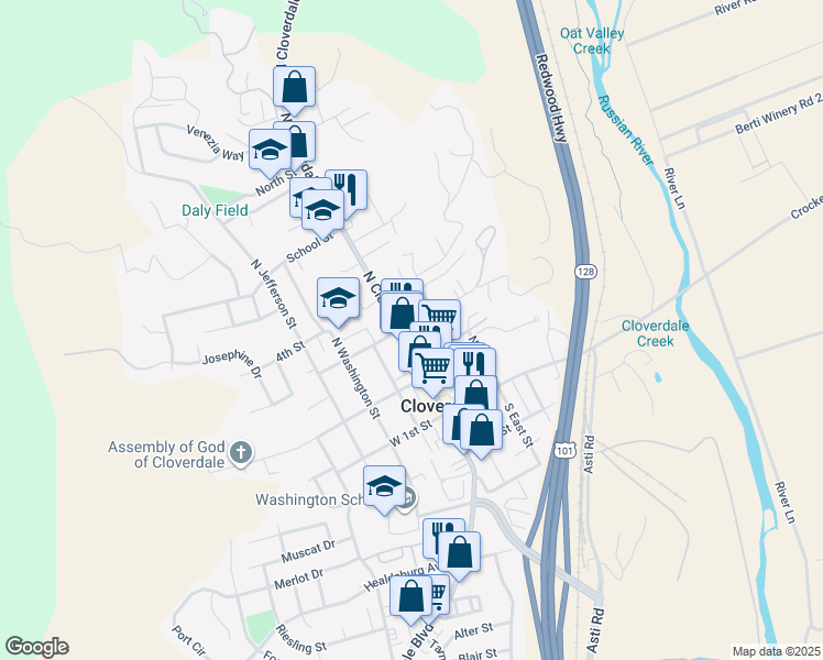 map of restaurants, bars, coffee shops, grocery stores, and more near 111 East 3rd Street in Cloverdale