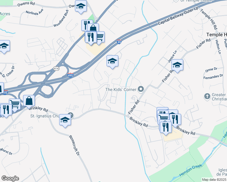 map of restaurants, bars, coffee shops, grocery stores, and more near 6000 Thunder Hill Court in Fort Washington