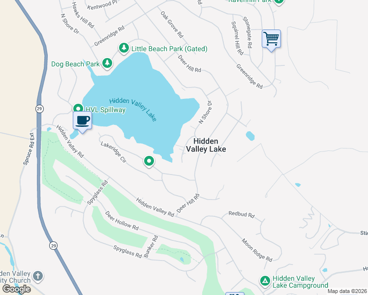 map of restaurants, bars, coffee shops, grocery stores, and more near 19227 North Shore Court in Hidden Valley Lake