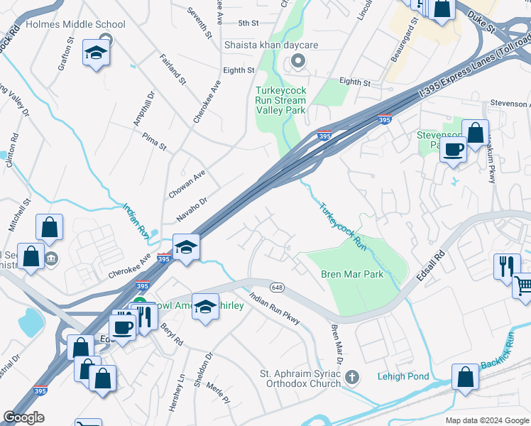 map of restaurants, bars, coffee shops, grocery stores, and more near 6347 Hawk View Court in Alexandria