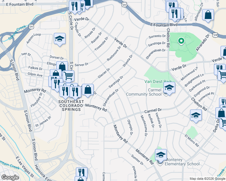 map of restaurants, bars, coffee shops, grocery stores, and more near 1706 Shenandoah Drive in Colorado Springs