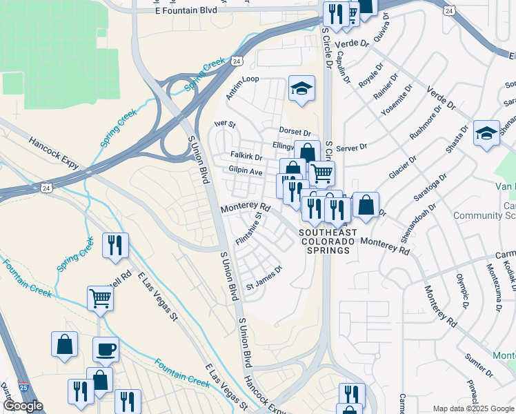 map of restaurants, bars, coffee shops, grocery stores, and more near 1578 Monterey Road in Colorado Springs